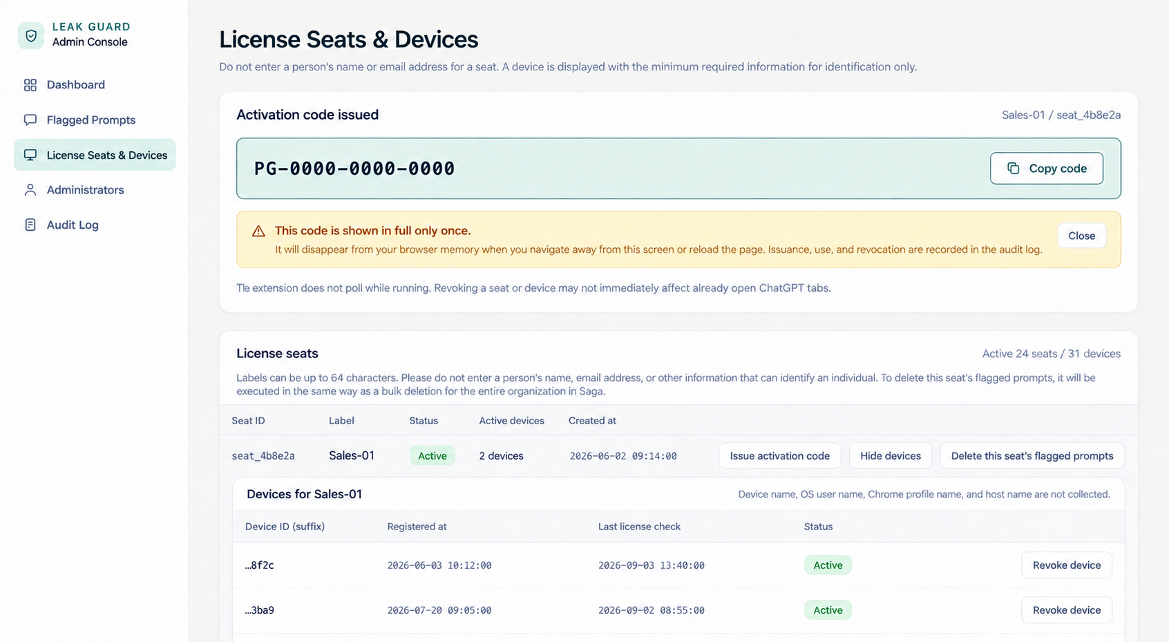 LEAK GUARD license seat and device management
