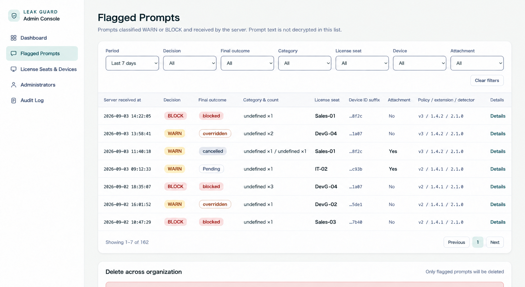 LEAK GUARD flagged prompt list