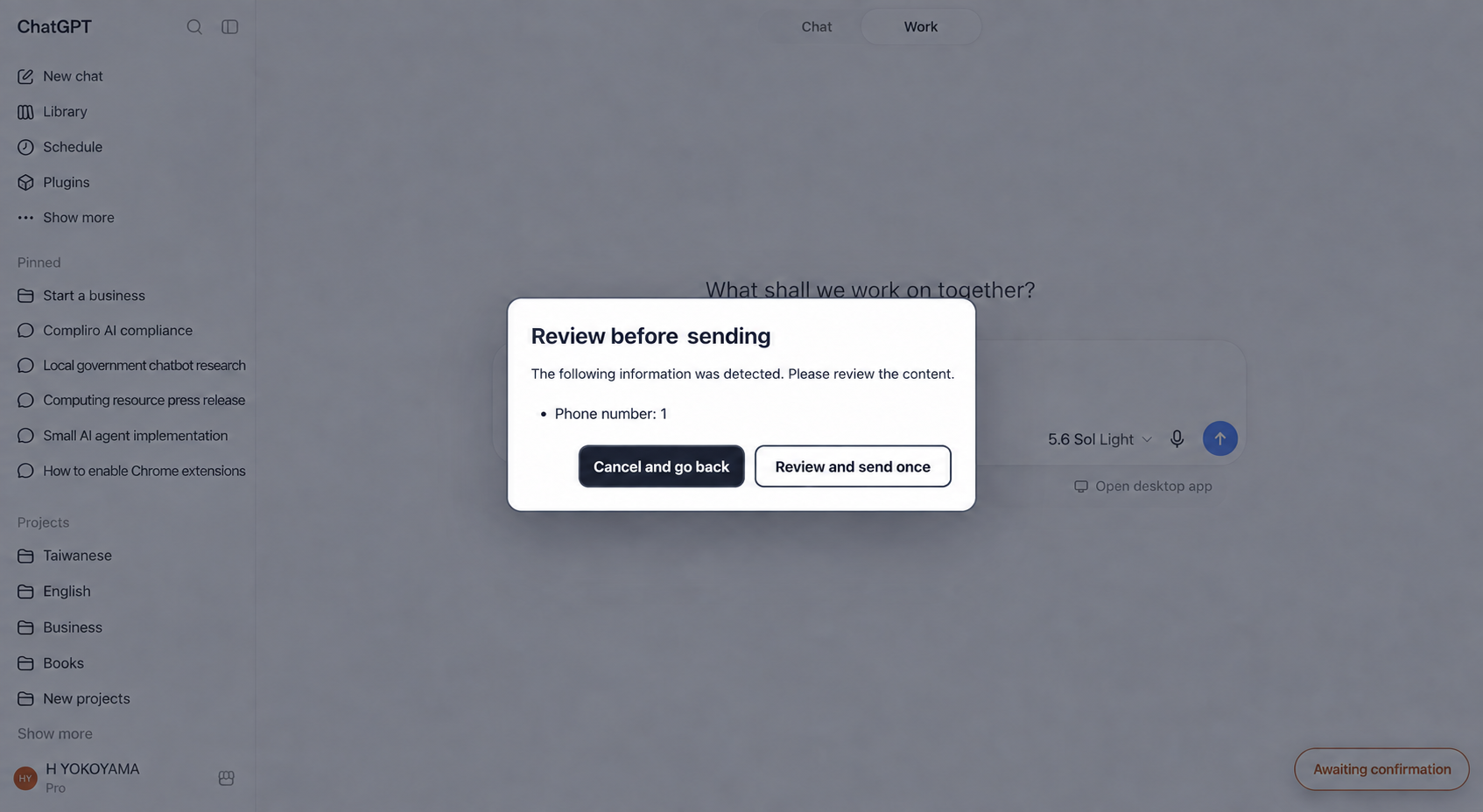 LEAK GUARD detecting a phone number before sending to ChatGPT