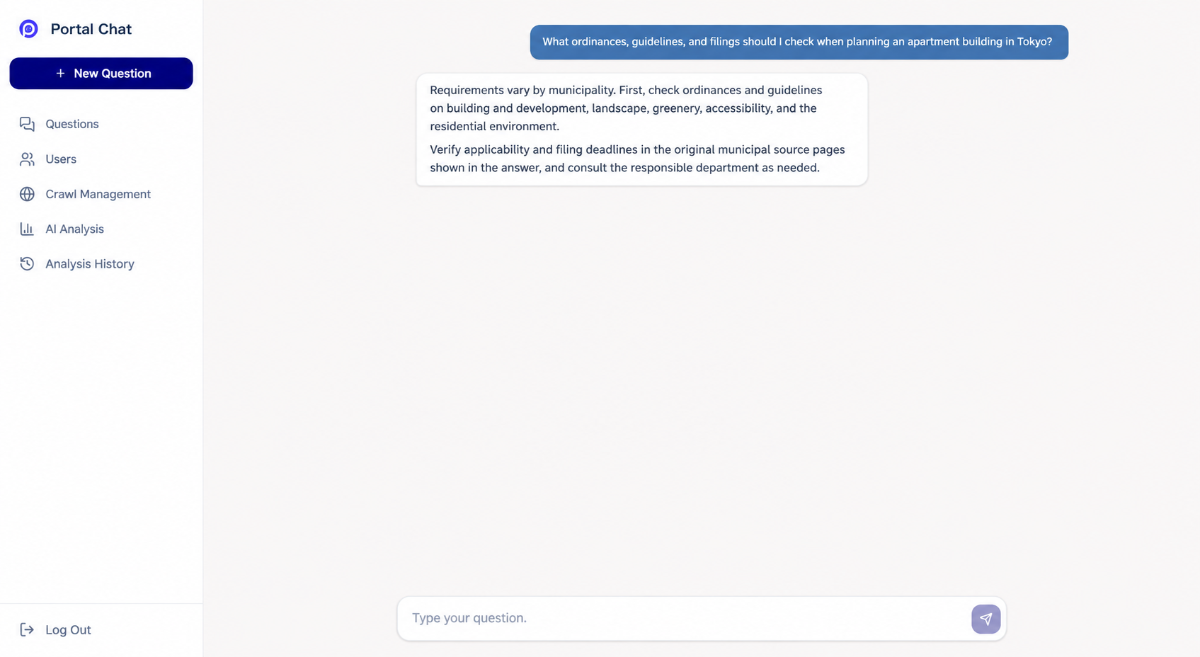 Researching ordinances, guidelines, and filings across municipalities in Portal Chat